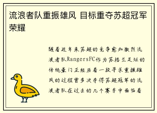流浪者队重振雄风 目标重夺苏超冠军荣耀