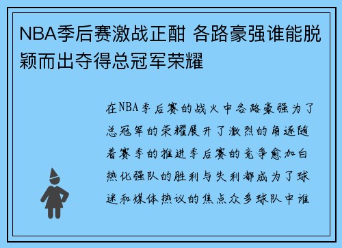 NBA季后赛激战正酣 各路豪强谁能脱颖而出夺得总冠军荣耀
