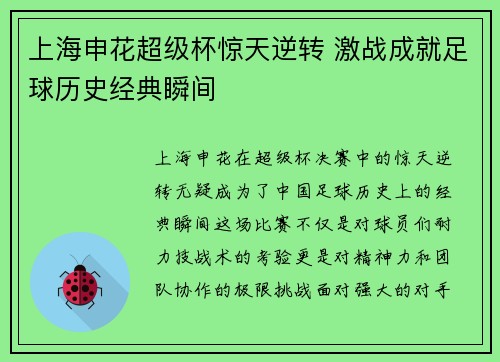 上海申花超级杯惊天逆转 激战成就足球历史经典瞬间