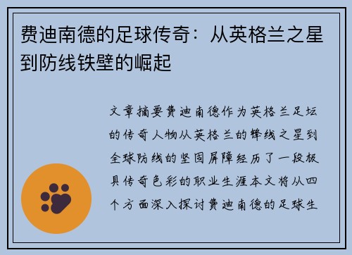 费迪南德的足球传奇：从英格兰之星到防线铁壁的崛起